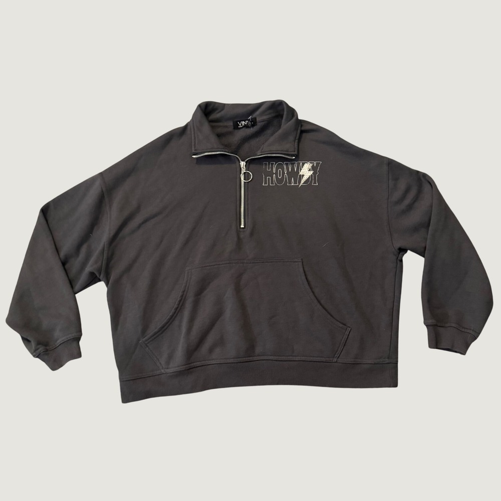 Quarter Zip Sweatshirt L Howdy Graphic Rhinestone Oversized Black